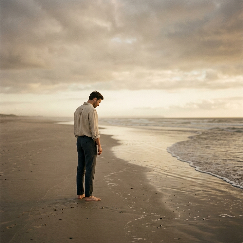 Een man die alleen op een uitgestrekt strand staat, kijkend naar het zand